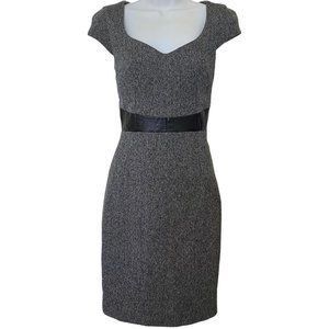 Ladies Size 6 Fitted Dress Dk Grey Tweed Faux Leather Waist Cap Sleeves Lined
